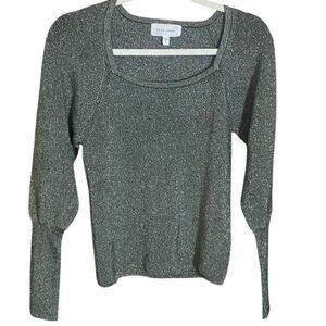Dear John Metallic Ribbed Knit Sweater Top Women’s Small Silver Sparkle Pullover